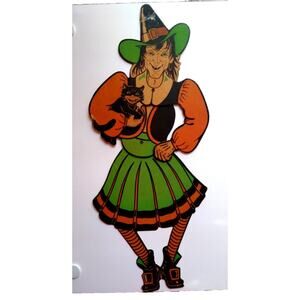 Vintage Halloween Witch Black Cat Die-Cut Jointed MOVABLE Decoration Wall 1940's